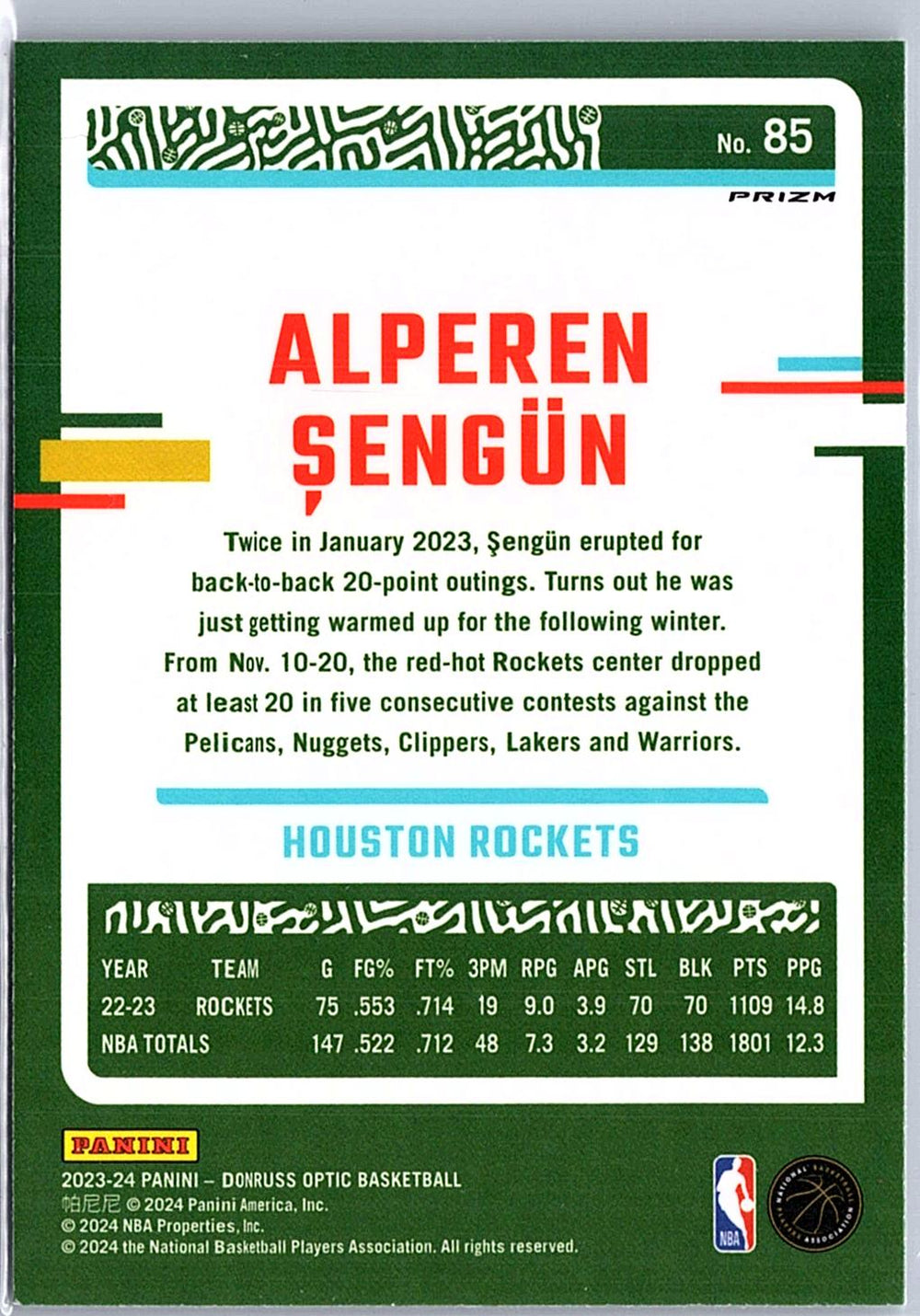 2023-24 Donruss Optic #85 Alperen Sengun Checkboard
