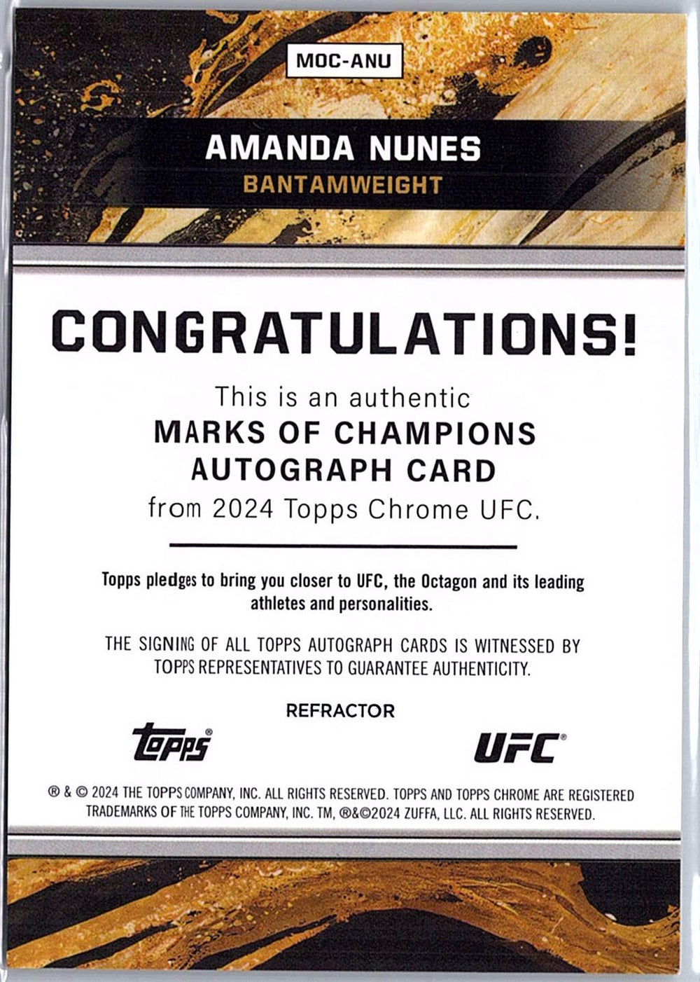 2024 Topps Chrome UFC #MOC-ANU Amanda Nunes Marks of Champions Autographs Refractor #/150