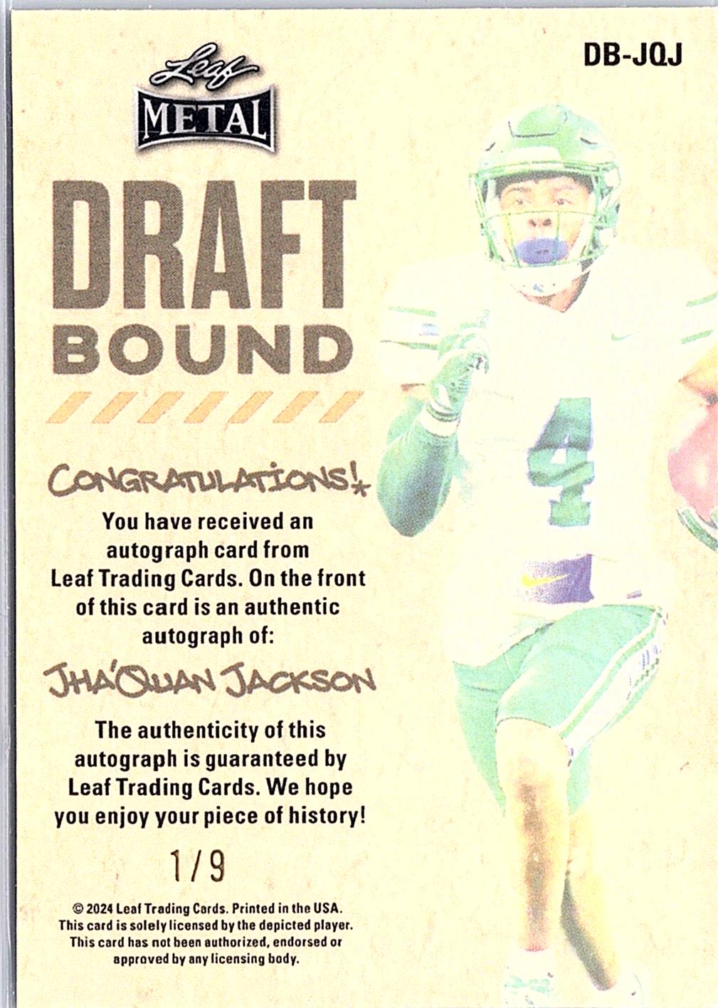 2024 Leaf Metal #DB-JQJ Jha'Quan Jackson Draft Bound Autographs Prismatic Fire #/9