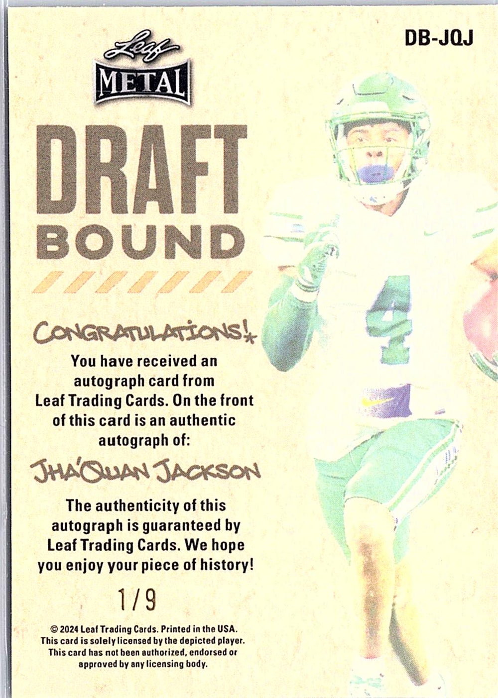 2024 Leaf Metal #DB-JQJ Jha'Quan Jackson Draft Bound Autographs Prismatic Fire #/9