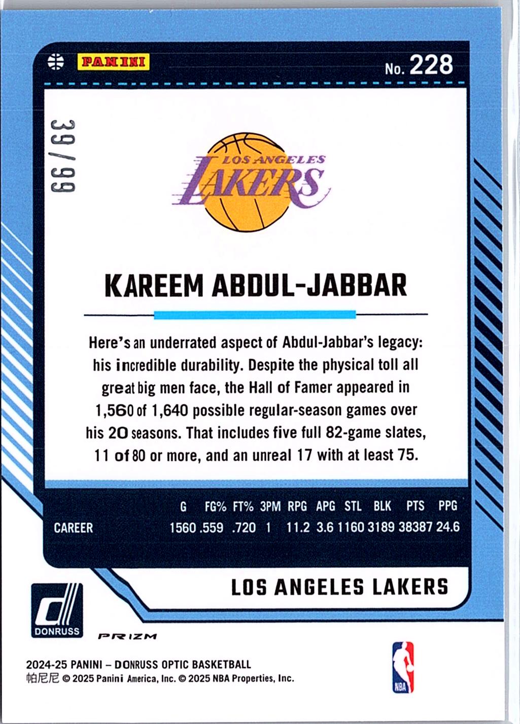 2024-25 Donruss Optic #228 Kareem Abdul-Jabbar Red and Gold International #/99