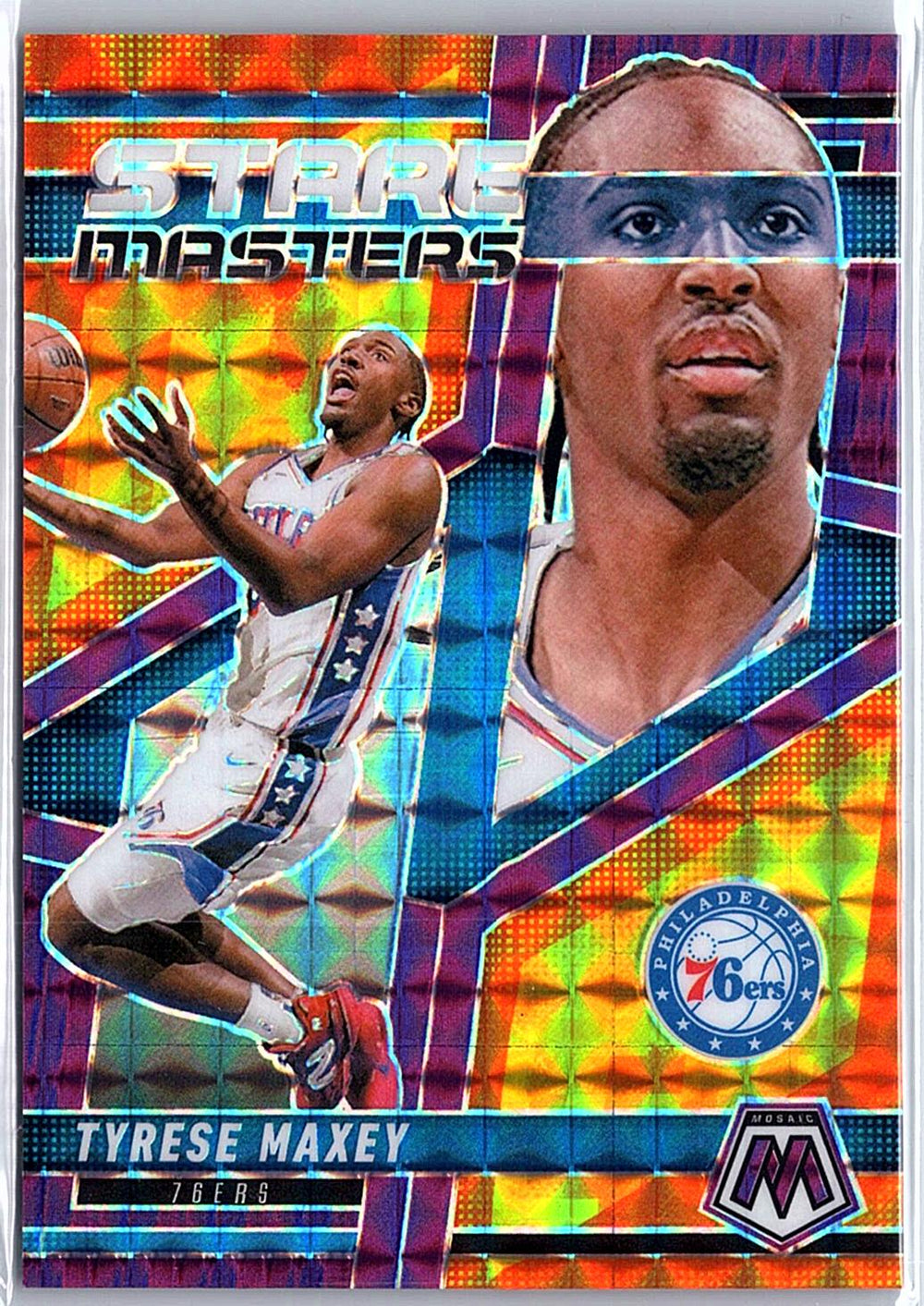 2024-25 Panini Mosaic #12 Tyrese Maxey Stare Masters Purple Mosaic #/99