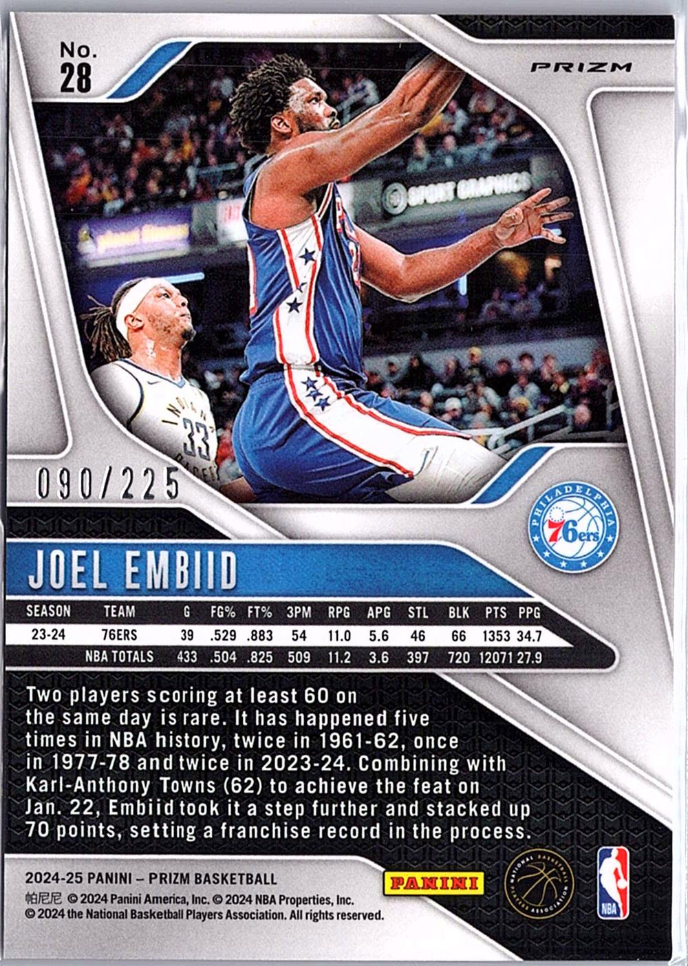 2024-25 Panini Prizm #28 Joel Embiid Prizms Basketball #/225