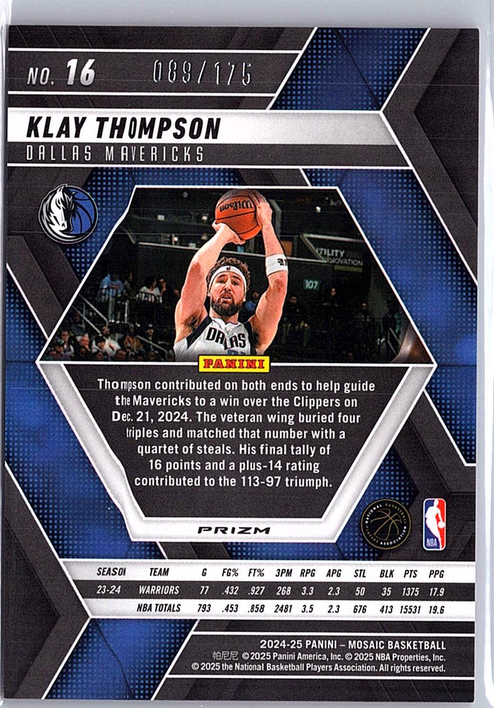 2024-25 Panini Mosaic #16 Klay Thompson Pink Mosaic #/175