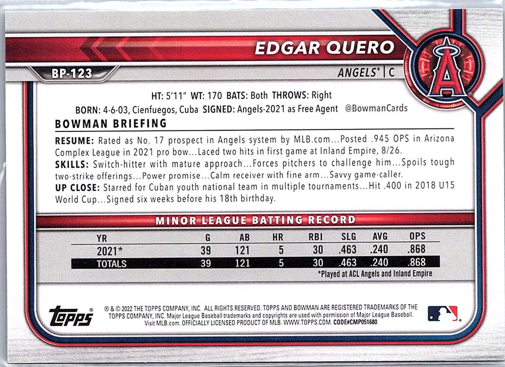 2022 Bowman #BP-123 Edgar Quero Prospects Green #/99