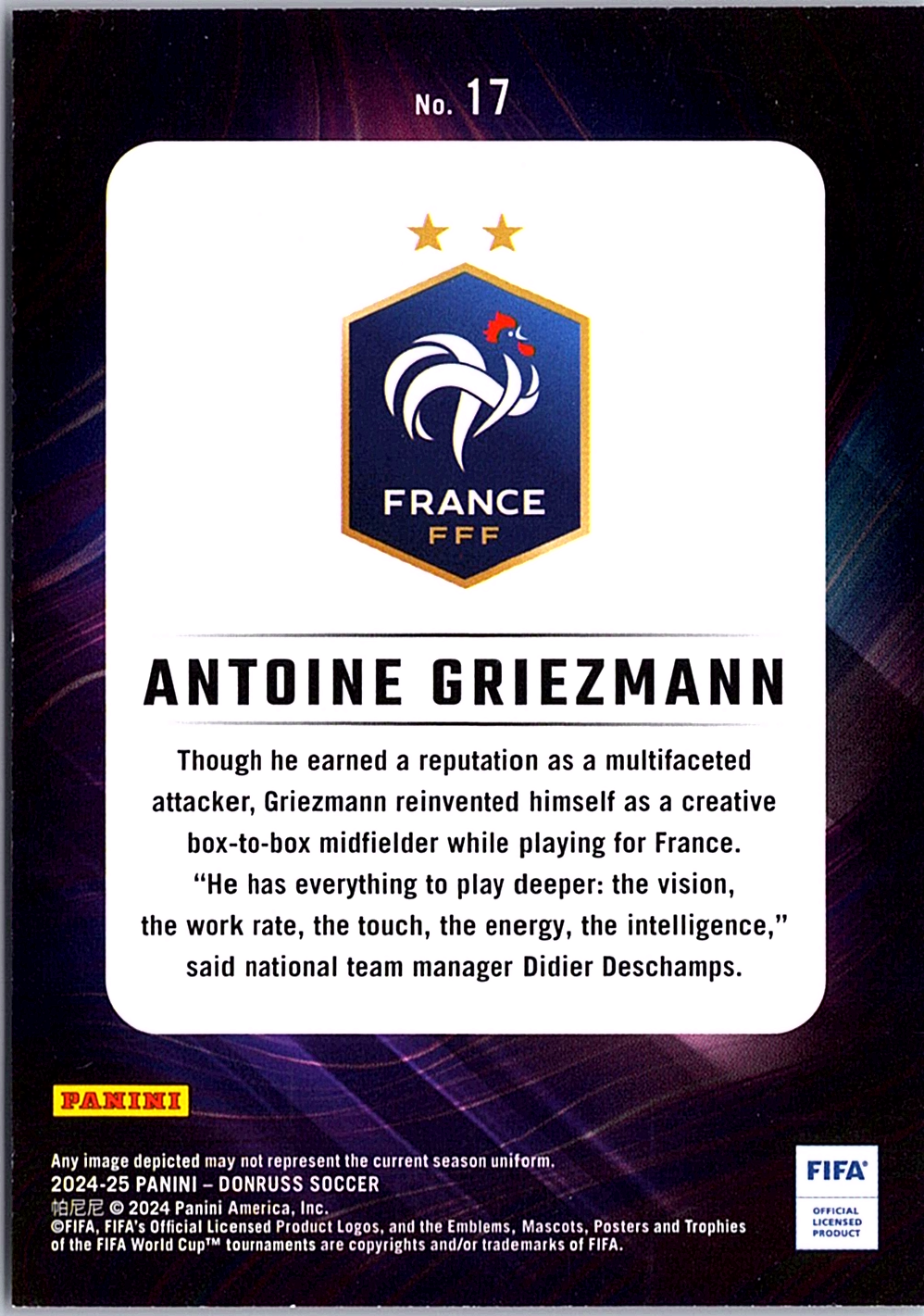 2024-25 Donruss - Night Moves Antoine Griezmann 17 Soccer France (Back)