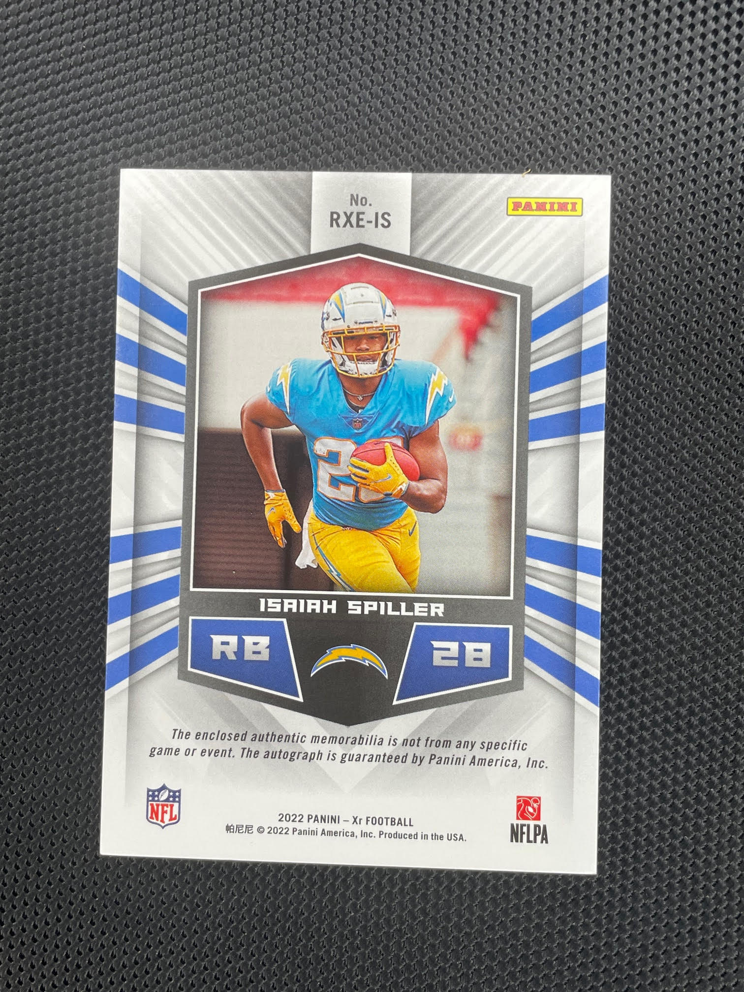 2022 Panini XR #RXE-IS Isaiah Spiller Rookie Xcellence Autograph Swatches Blue #/49