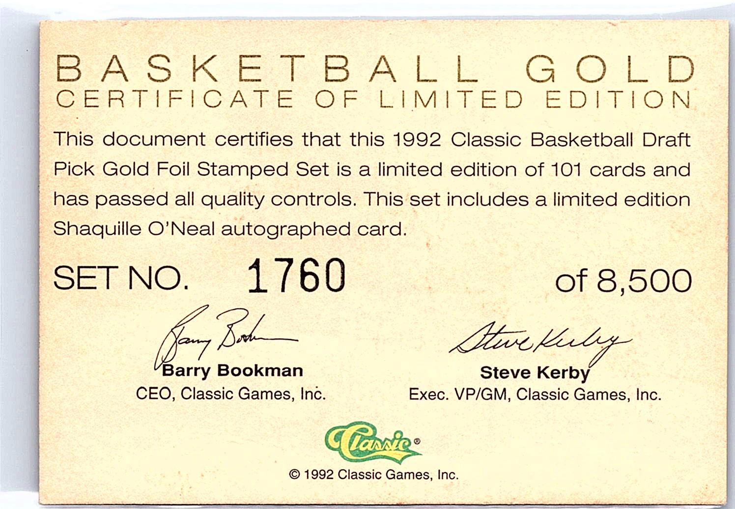 1992 Classic Draft Picks #AU Shaquille O'Neal Gold #/8500