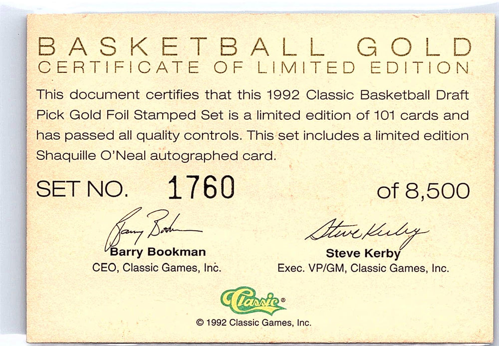 1992 Classic Draft Picks #AU Shaquille O'Neal Gold #/8500