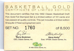 1992 Classic Draft Picks #AU Shaquille O'Neal Gold #/8500