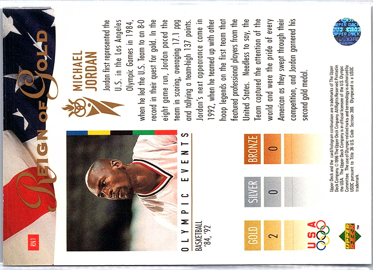 1996 Upper Deck USA Olympicards #RN1 Michael Jordan Reign of Gold Holograms