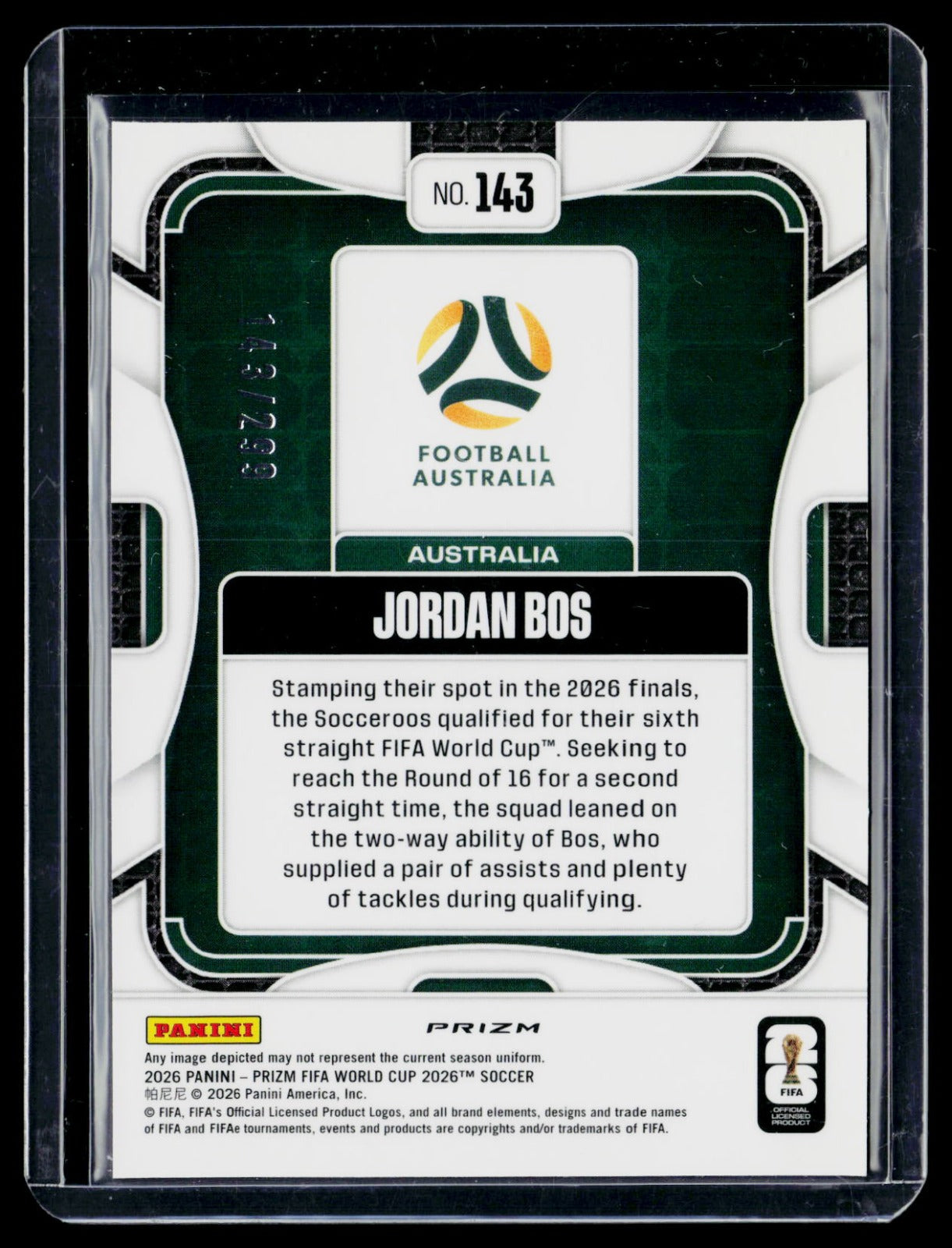 Jordan Bos Panini Prizm FIFA World Cup - Purple Hyper Prizms 143 NM