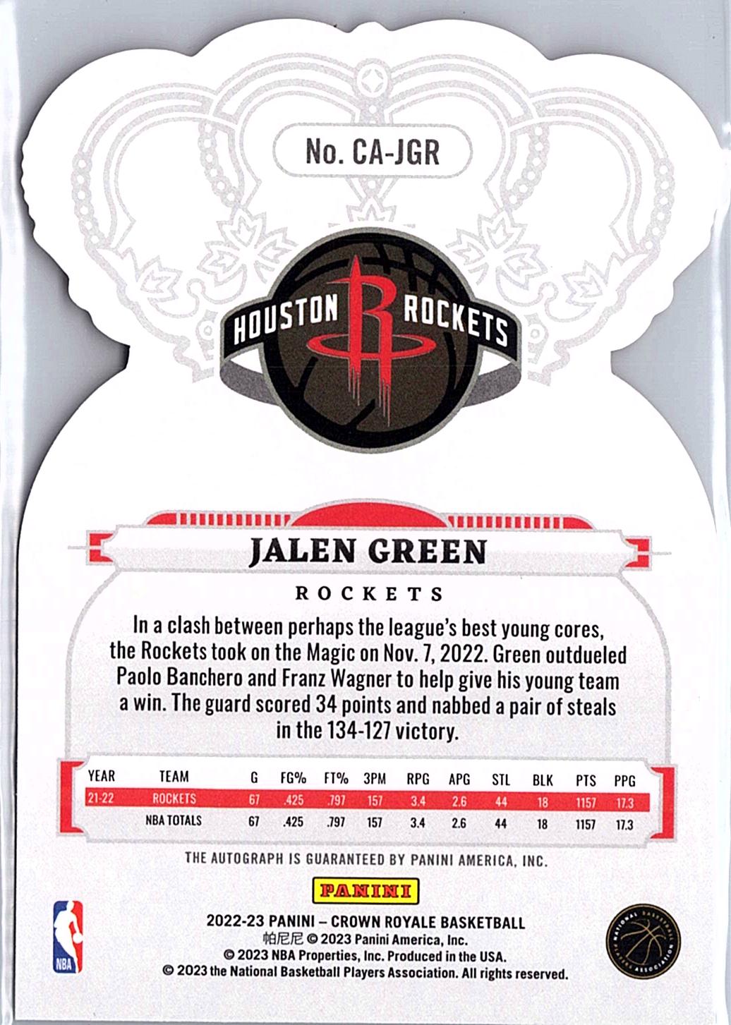 2023-24 Panini Crown Royale #CA-JGR Jalen Green Crown Autographs /99