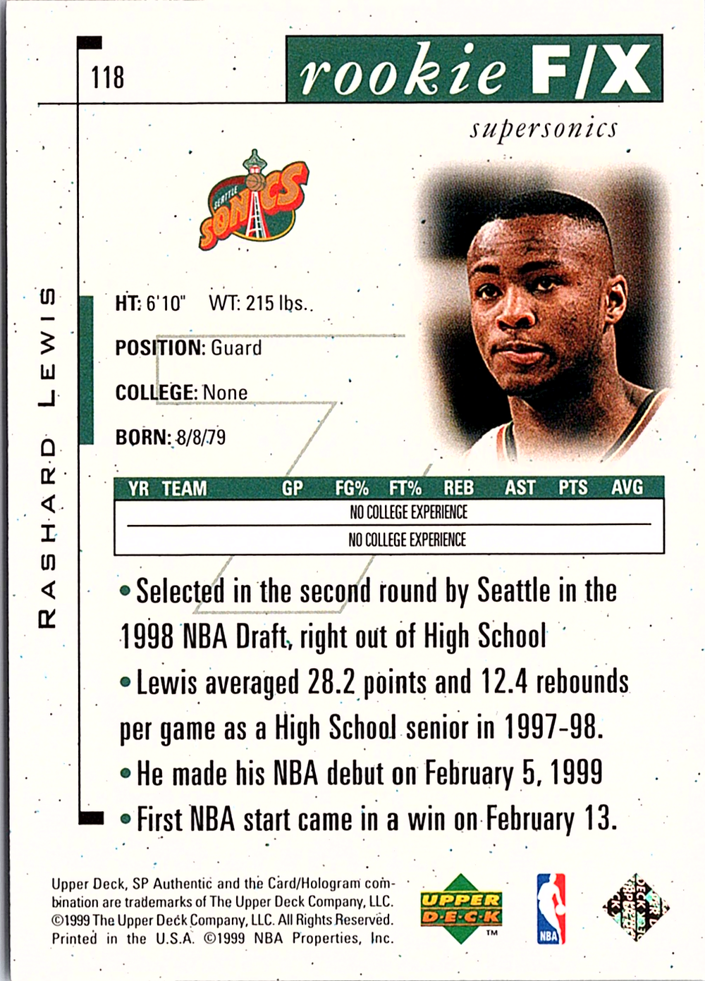 Rashard Lewis SP Authentic 118 NM (Back)