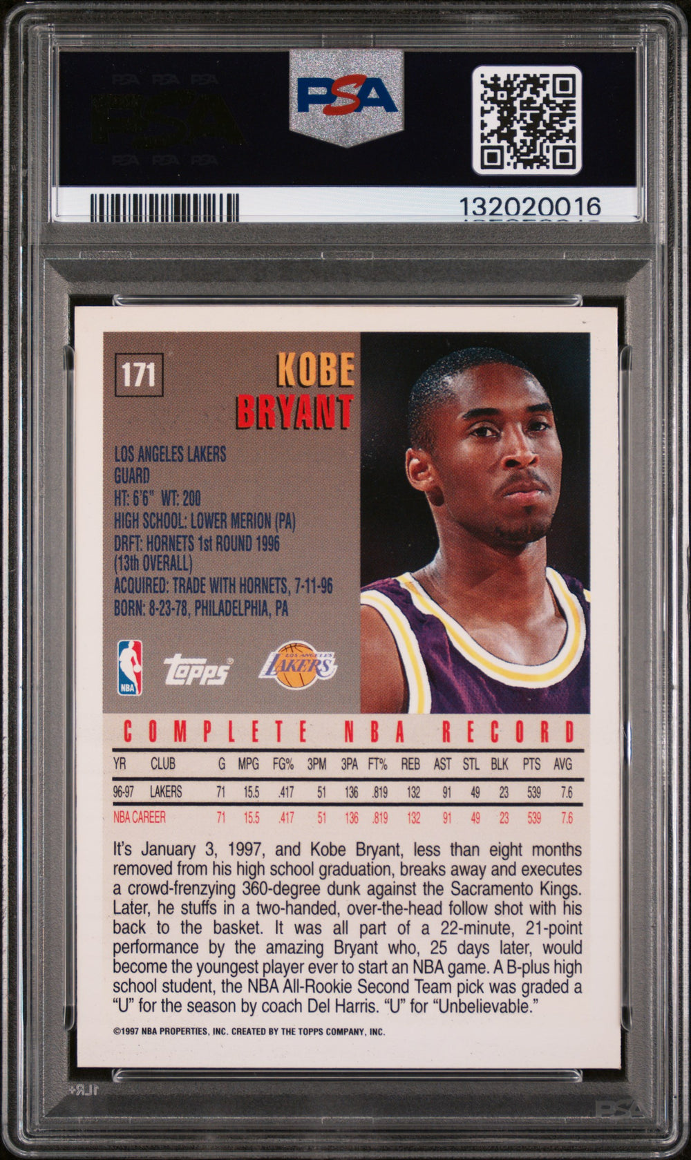 1997 Topps #171 Kobe Bryant PSA 8
