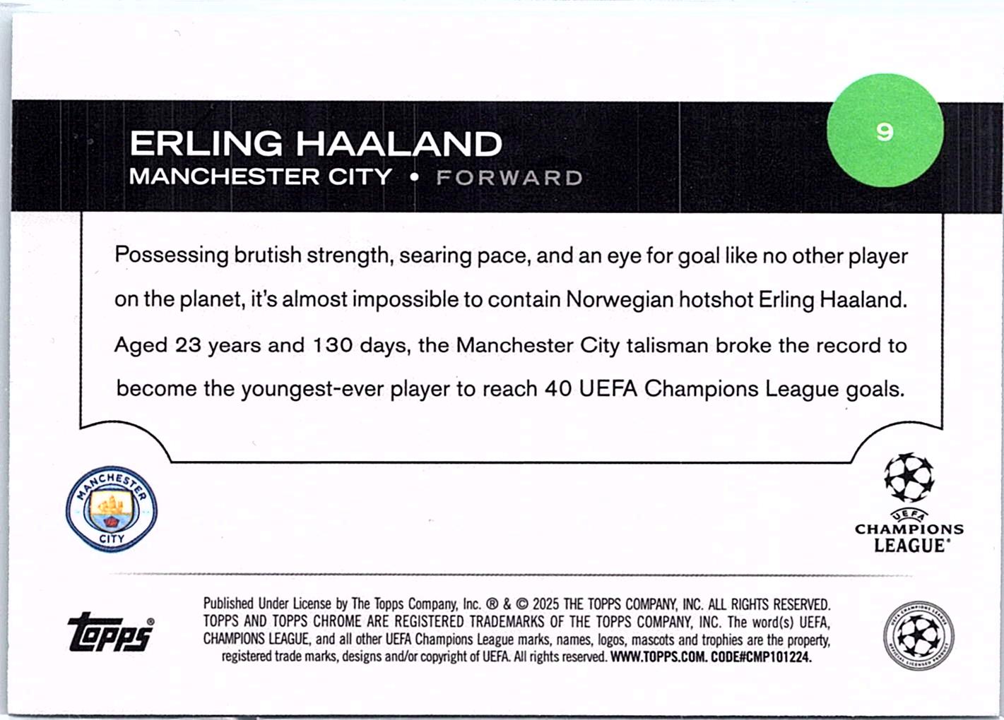 2024-25 Topps Chrome UEFA Club Competitions #9 Erling Haaland Aqua Refractor #/199