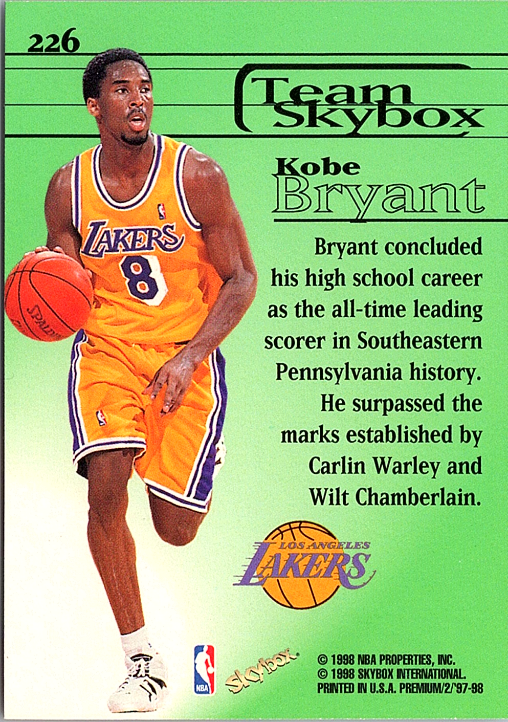 Kobe Bryant SkyBox Premium 226 NM (Back)