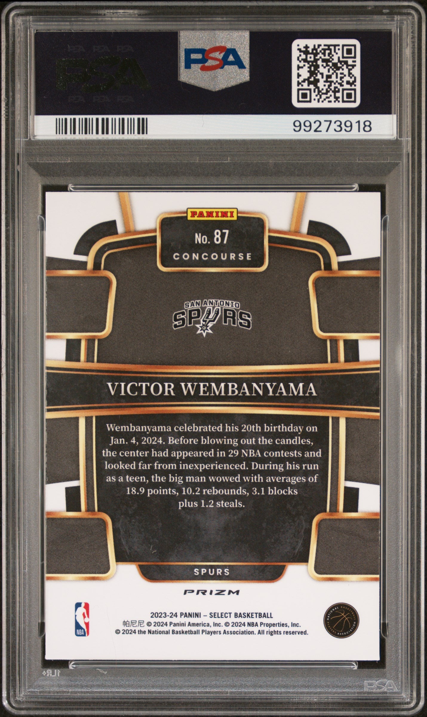 2023 Panini Select #87 Victor Wembanyama Orange Flash PSA 10