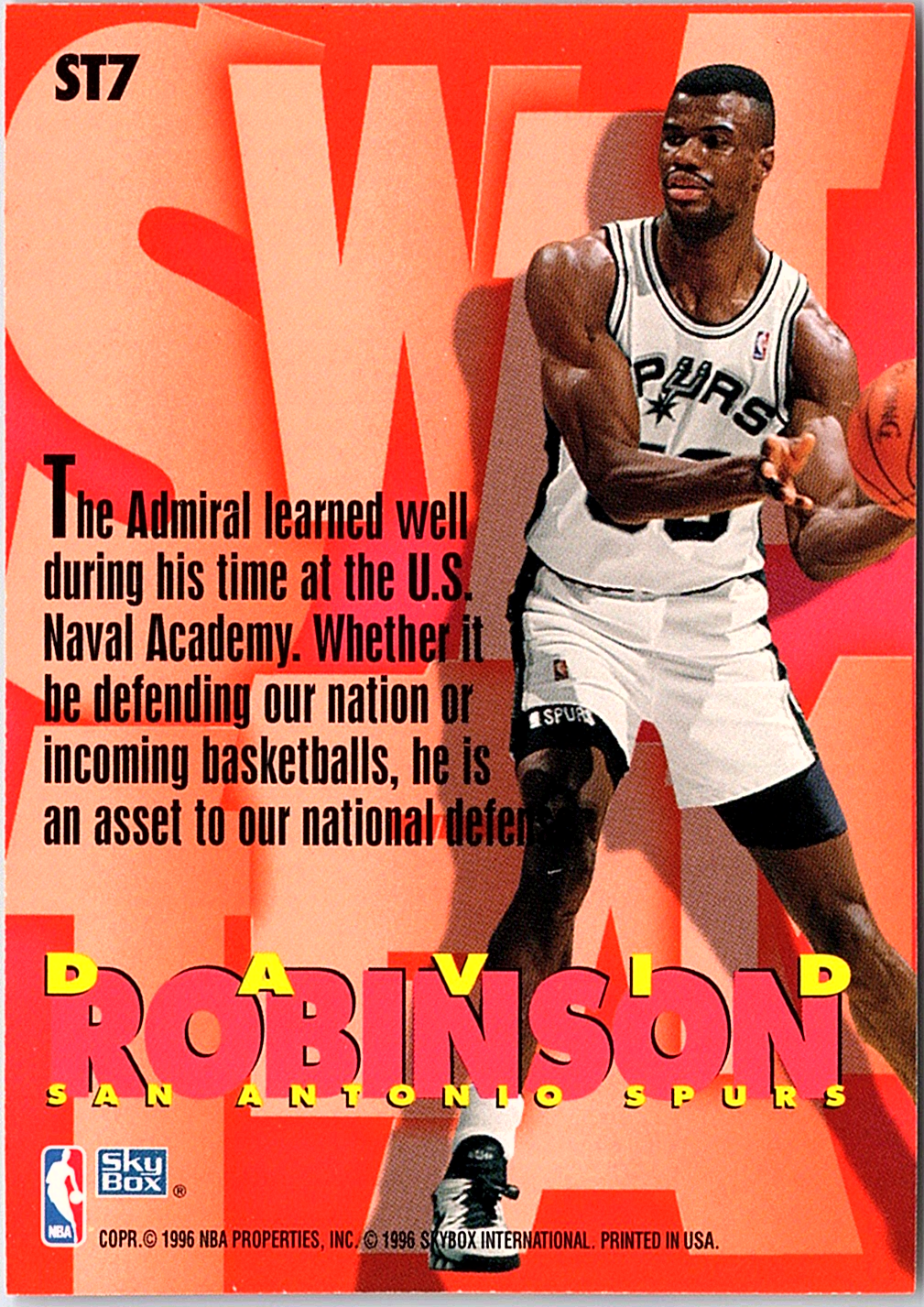 1996-97 SkyBox Z-Force - Swat Team David Robinson ST7 San Antonio Spurs (Back)