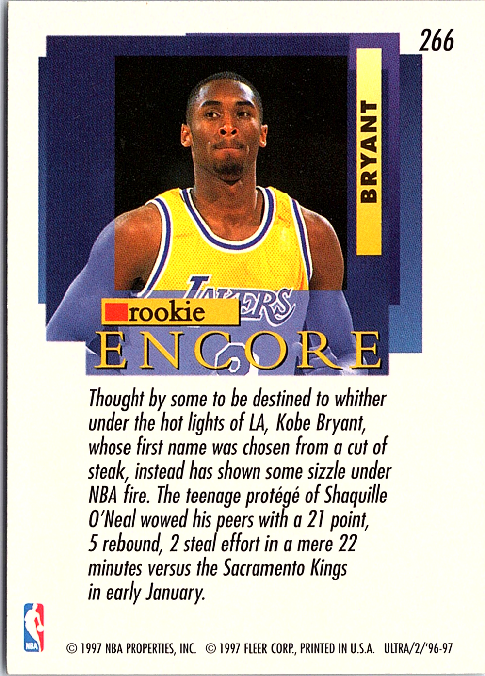 1996-97 Ultra Kobe Bryant 266 Basketball Los Angeles Lakers (Back)