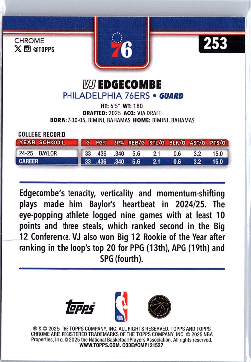 2025-26 Topps Chrome #253 VJ Edgecombe X-Fractor