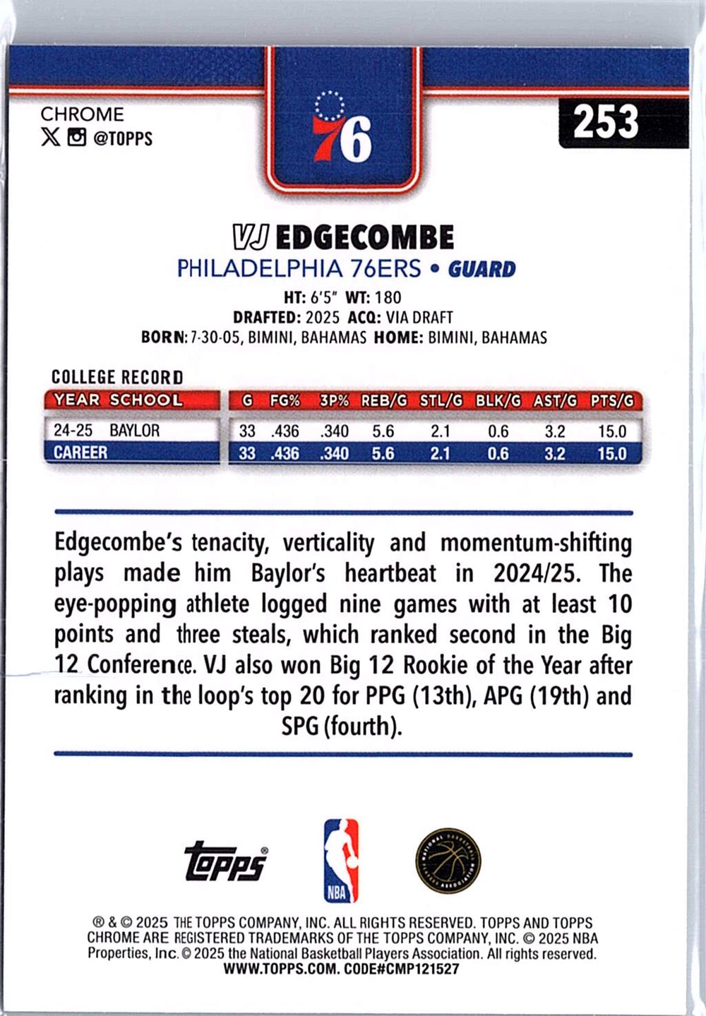 2025-26 Topps Chrome #253 VJ Edgecombe X-Fractor