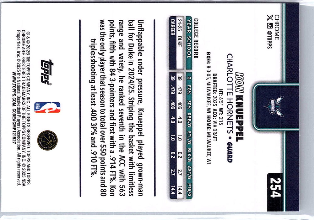 2025-26 Topps Chrome #254 Kon Knueppel X-Fractor