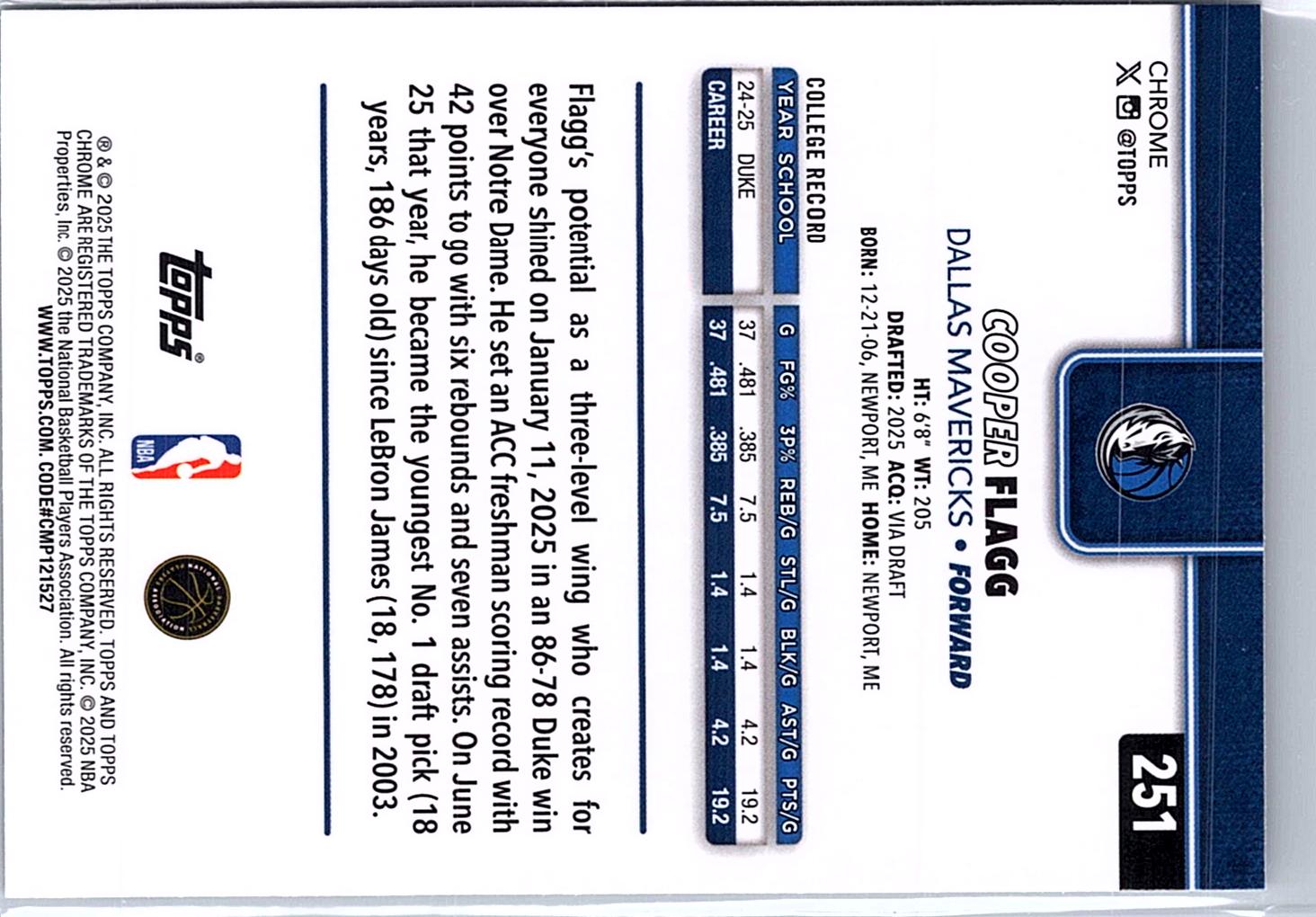 2025-26 Topps Chrome #251 Cooper Flagg