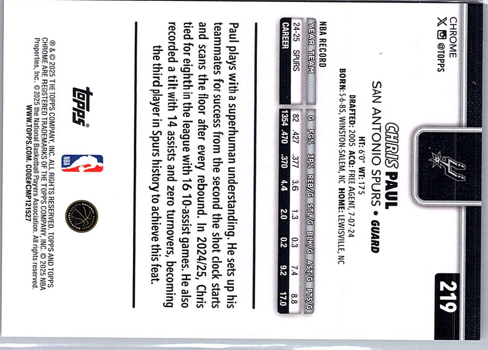 2025-26 Topps Chrome #219 Chris Paul Gold Basketball Refractor #/50