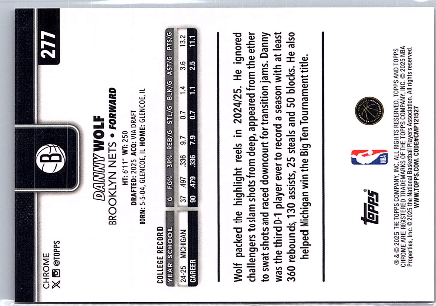 2025-26 Topps Chrome #277 Danny Wolf Gold Basketball Refractor #/50