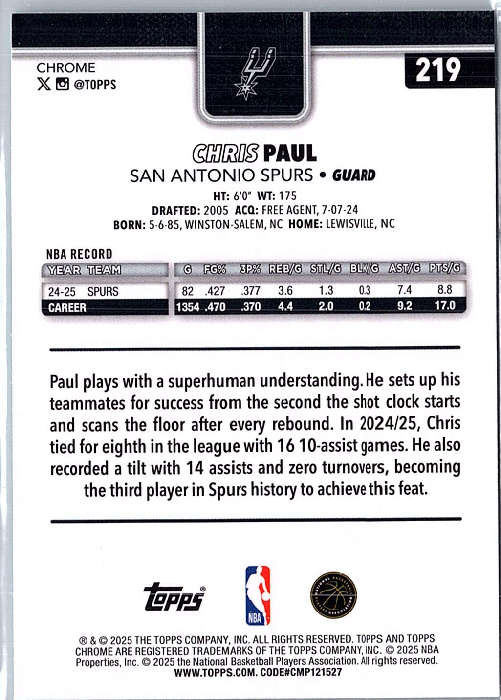 2025-26 Topps Chrome #219 Chris Paul Aqua RayWave Refractor #/199