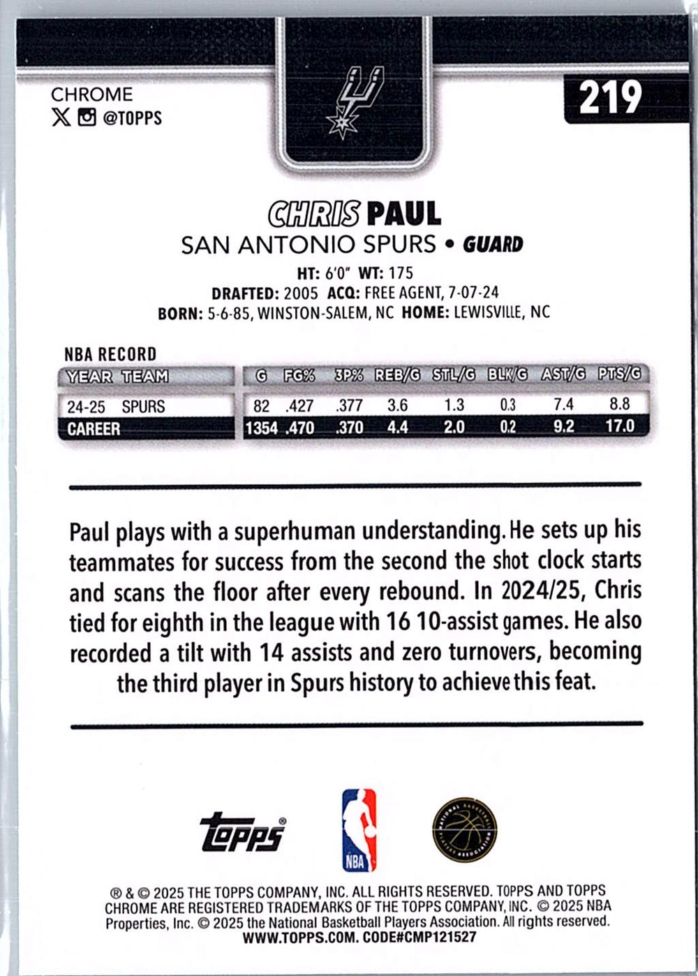 2025-26 Topps Chrome #219 Chris Paul Aqua RayWave Refractor #/199