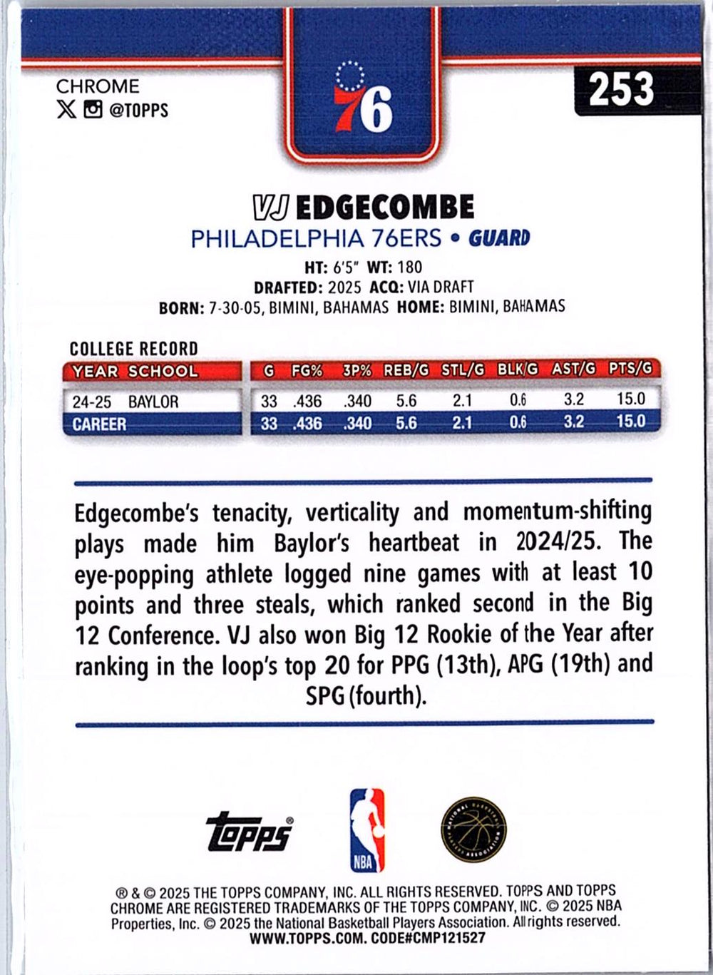 2025-26 Topps Chrome #253 VJ Edgecombe Basketball Refractor