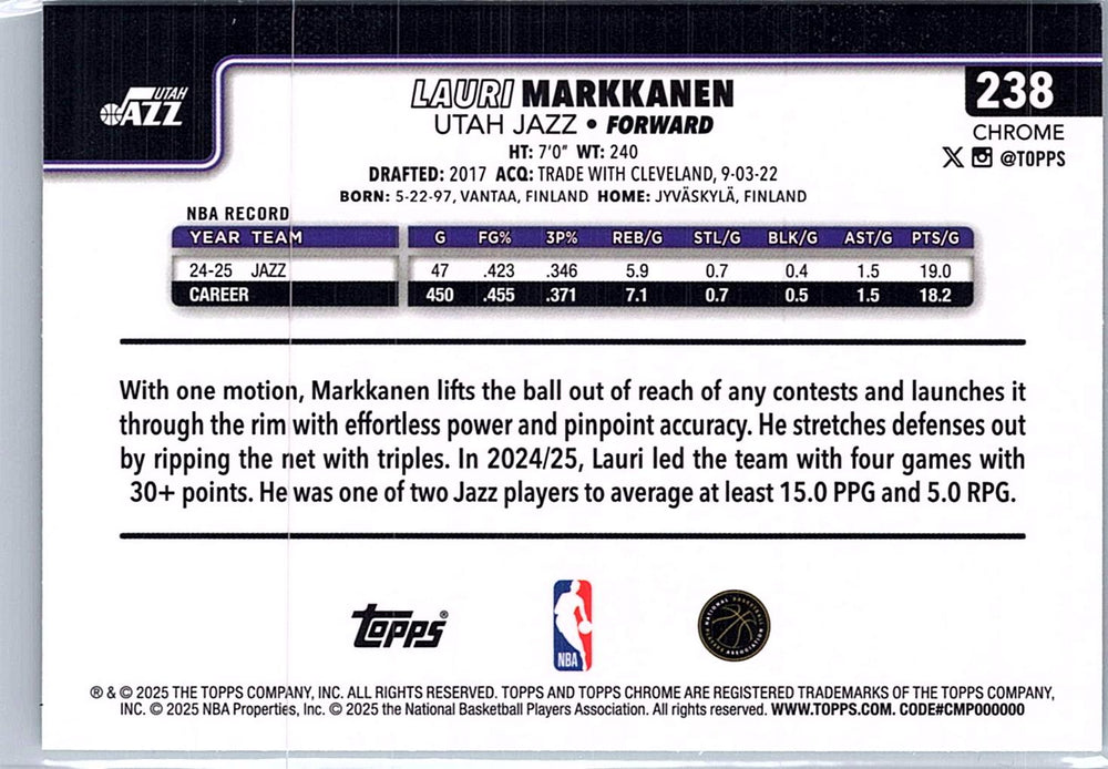 2025-26 Topps Chrome #238 Lauri Markkanen Teal Refractor #/299