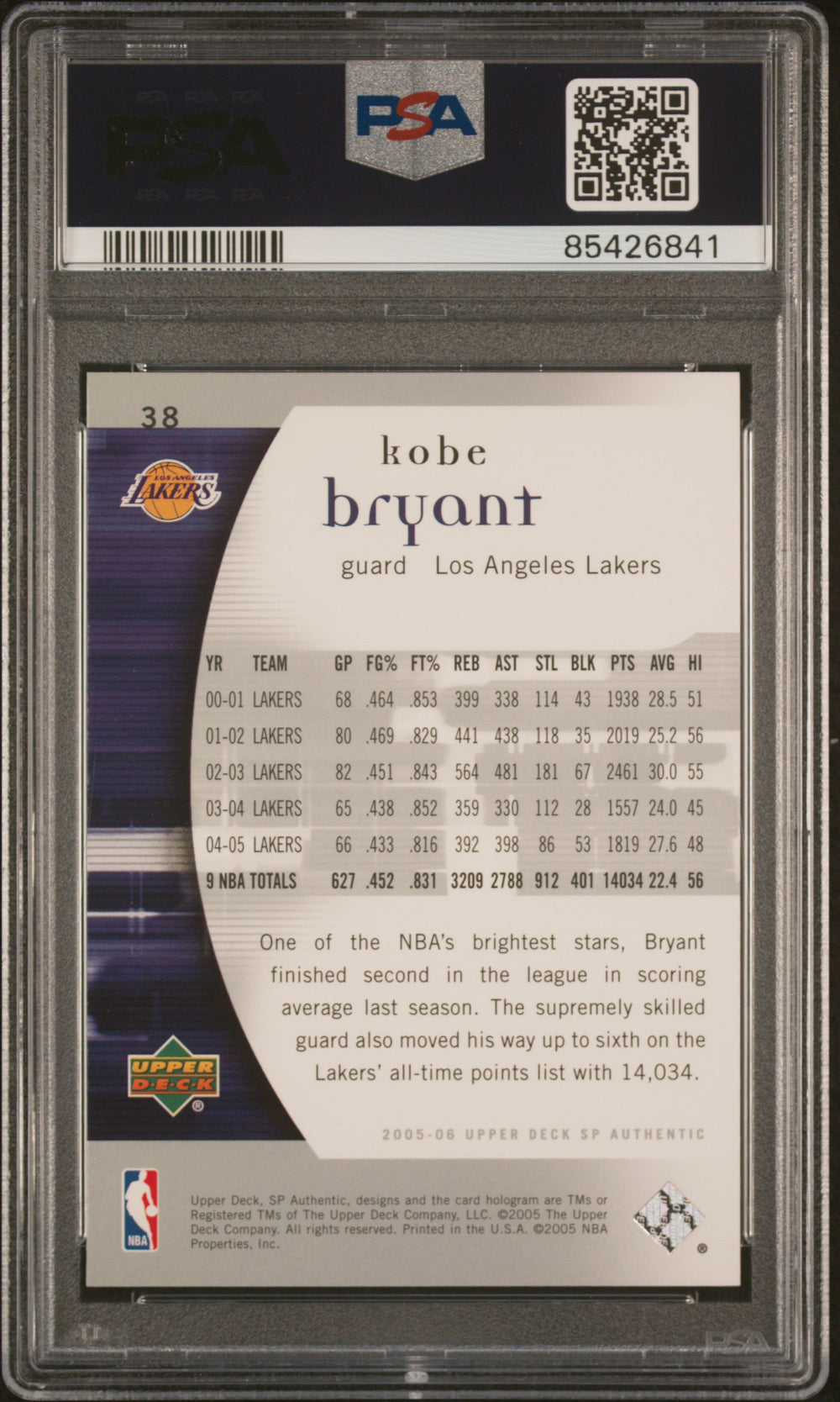 2005 Sp Authentic #38 Kobe Bryant PSA 10