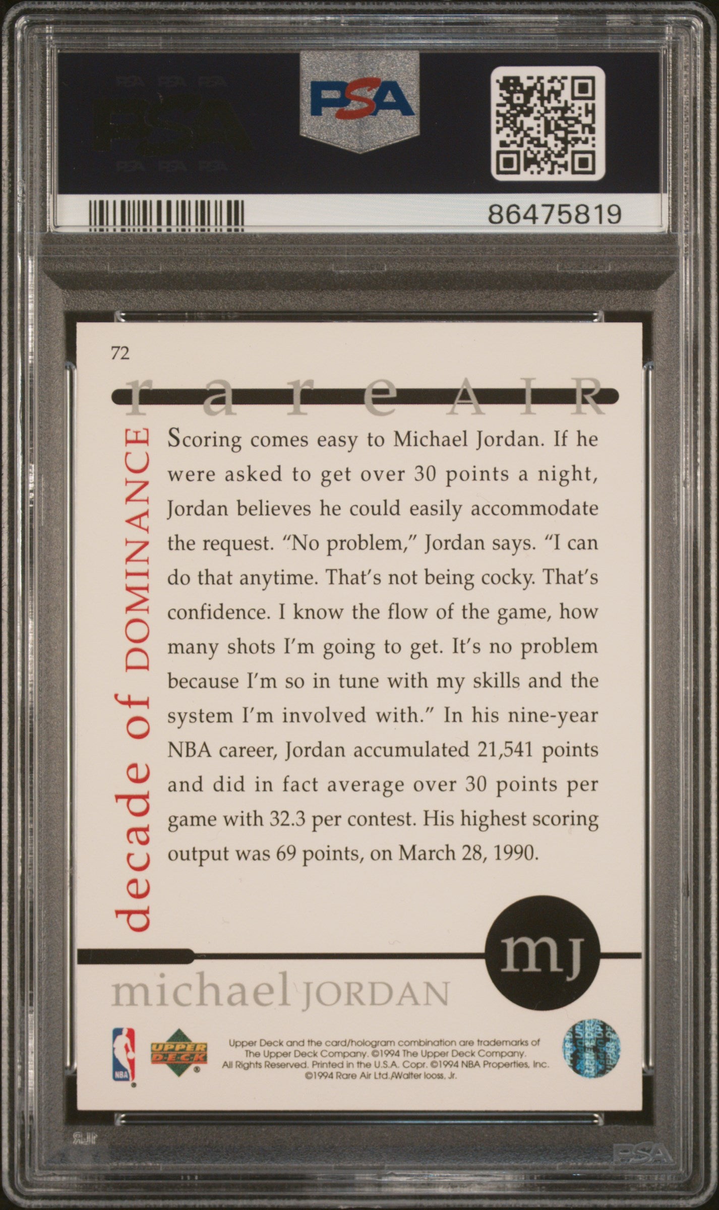 1994 Upper Deck Mj Rare Air #72 Michael Jordan Rare Air PSA 10