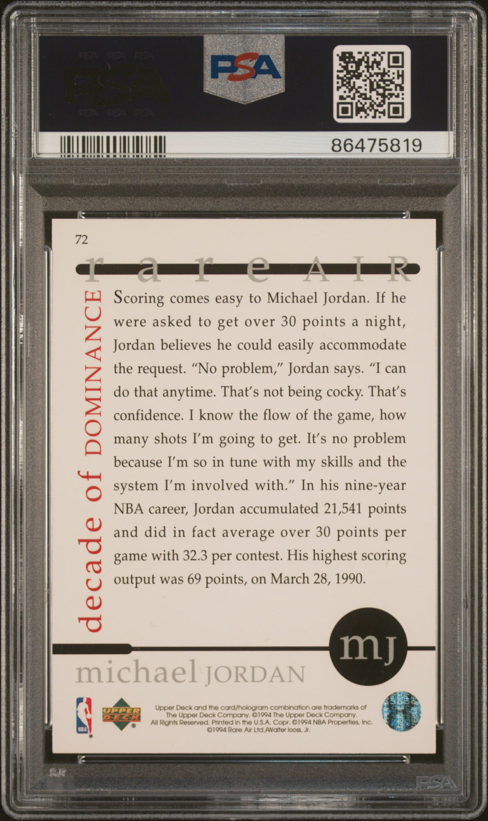 1994 Upper Deck Mj Rare Air #72 Michael Jordan Rare Air PSA 10