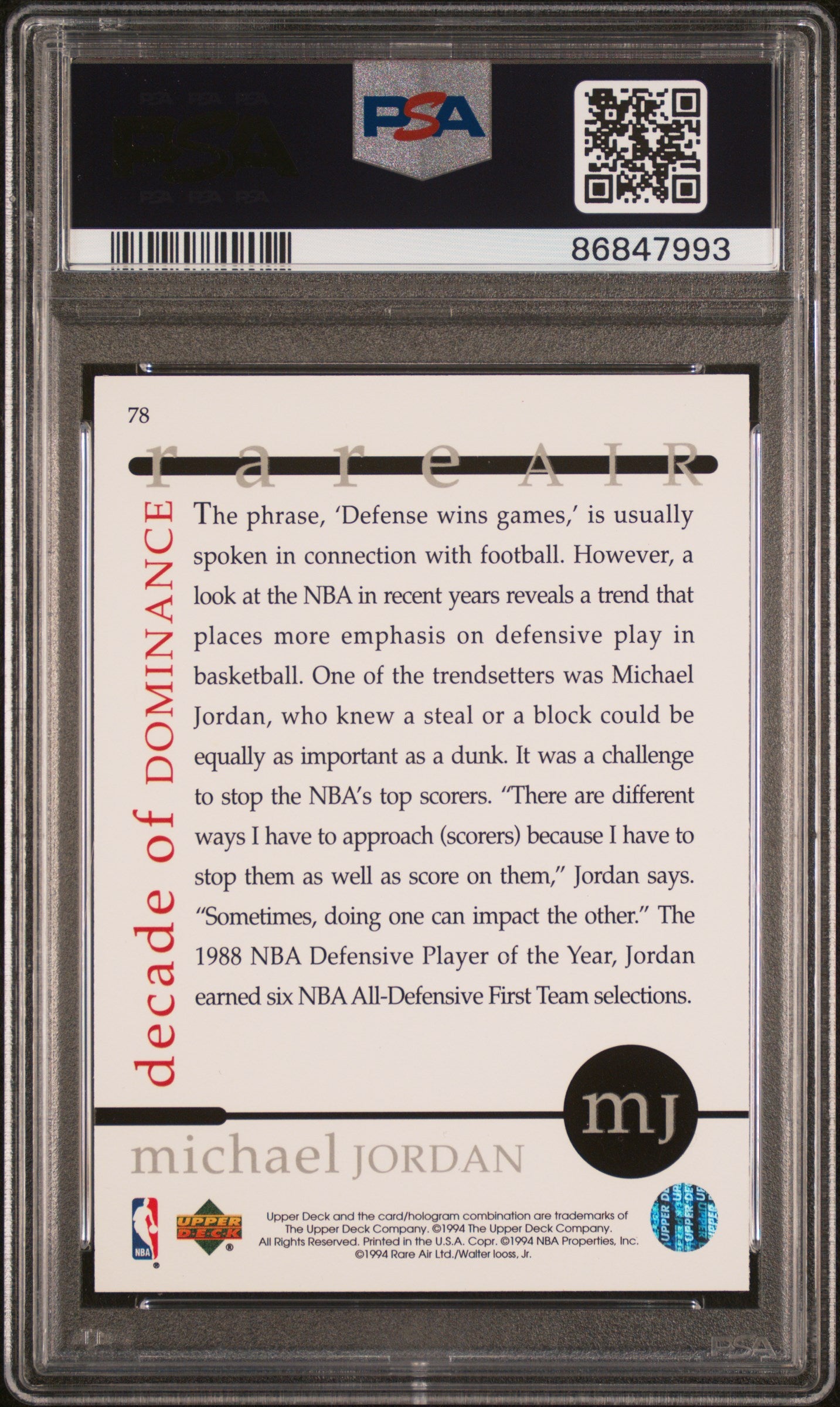 1994 Upper Deck Mj Rare Air #78 Michael Jordan Rare Air PSA 10