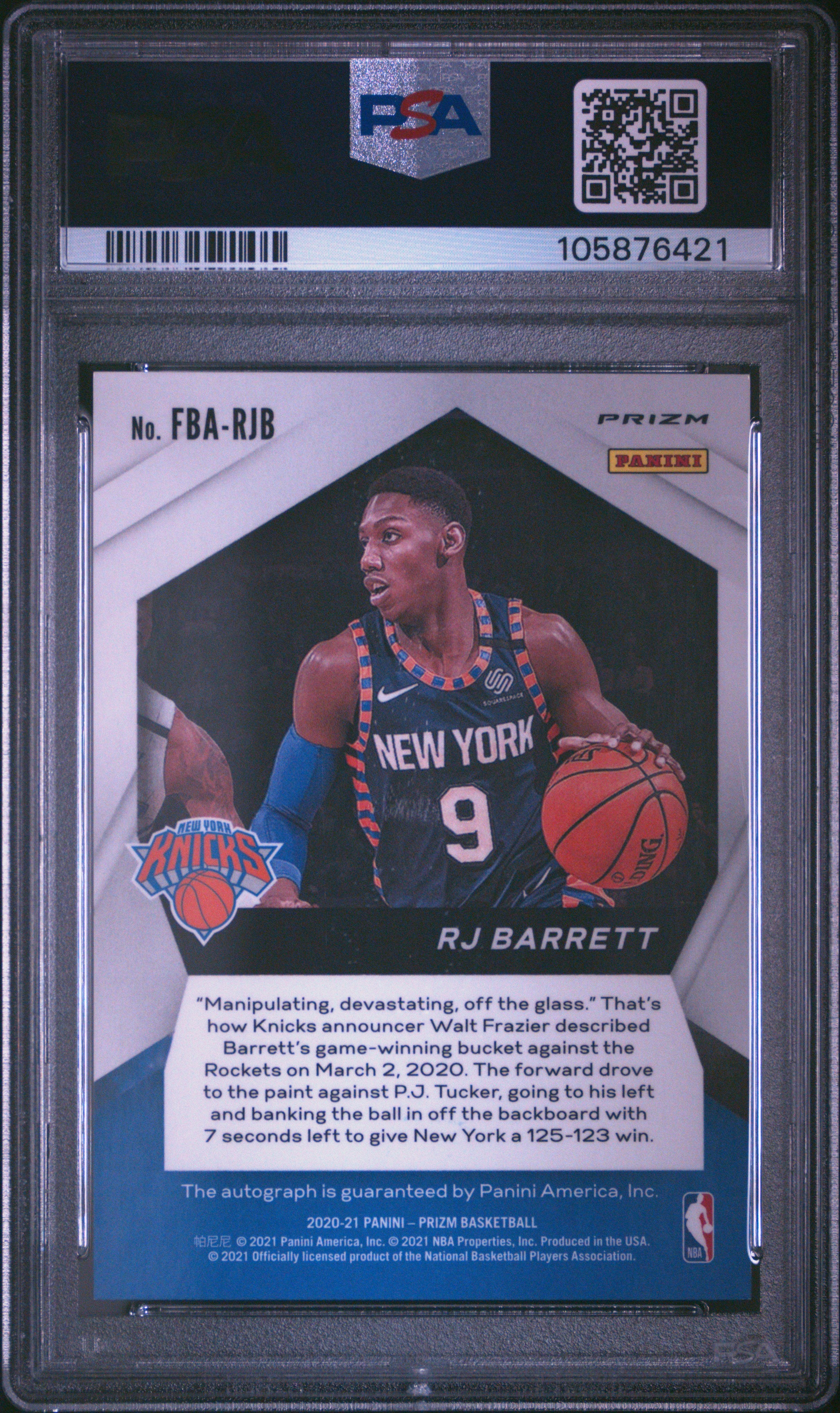 2020 Panini Prizm Fast Break Autographs #FBARJB Rj Barrett Fast Break Autographs PSA 10