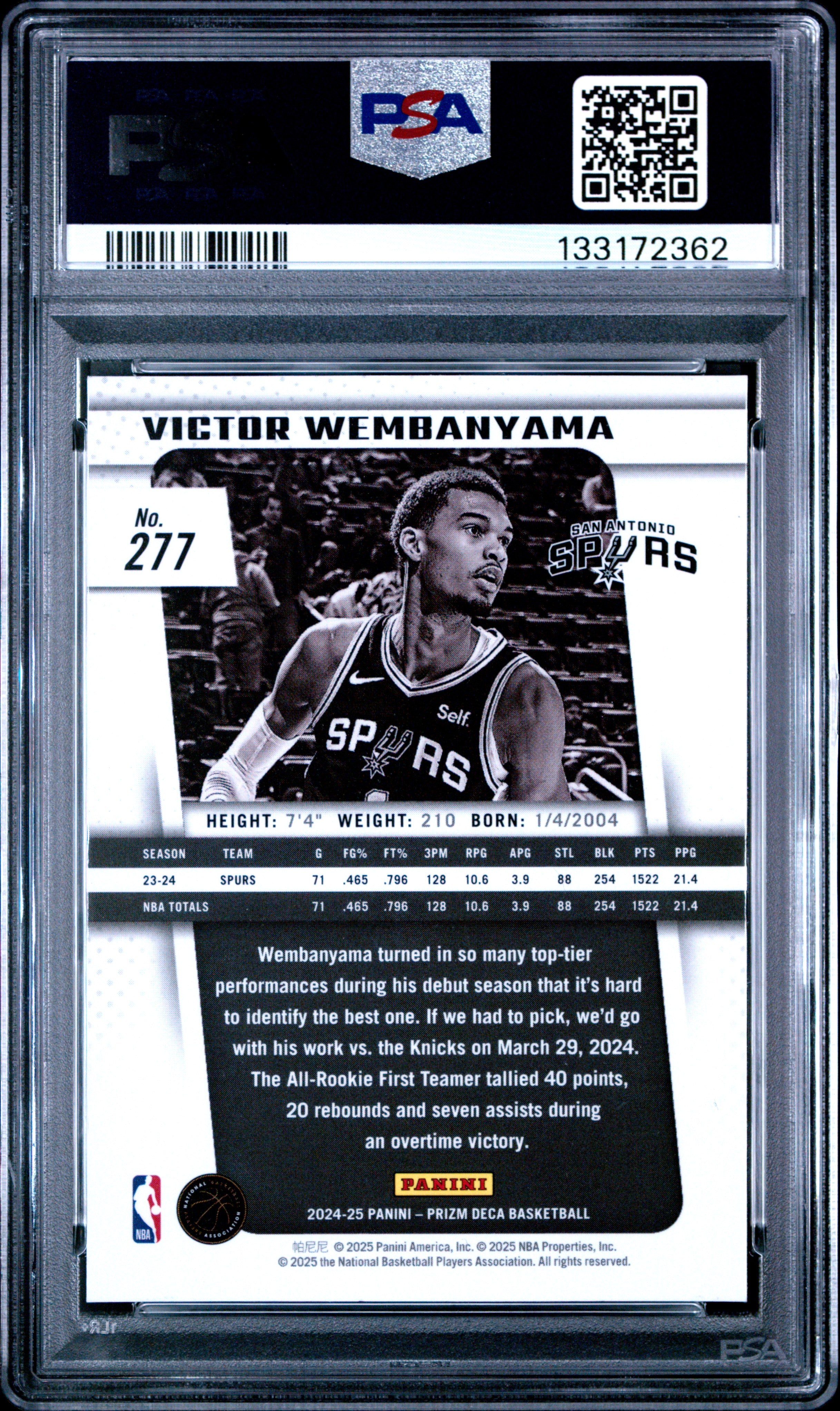 2024 Panini Prizm Deca #277 Victor Wembanyama PSA 9
