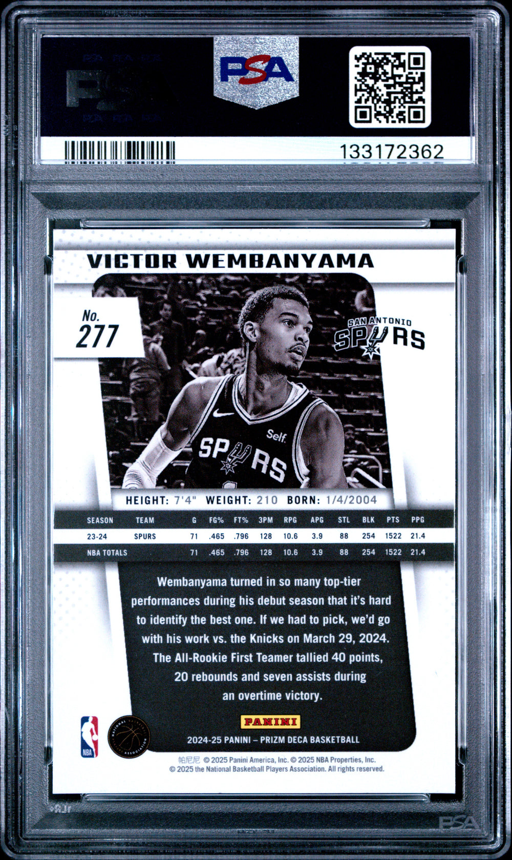 2024 Panini Prizm Deca #277 Victor Wembanyama PSA 9