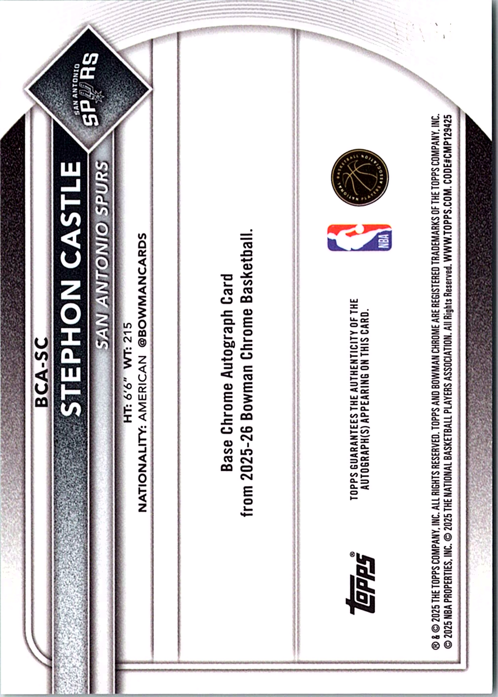 Stephon Castle Bowman - Chrome Autographs Reptilian Green Refractor BCA-SC NM (Back)