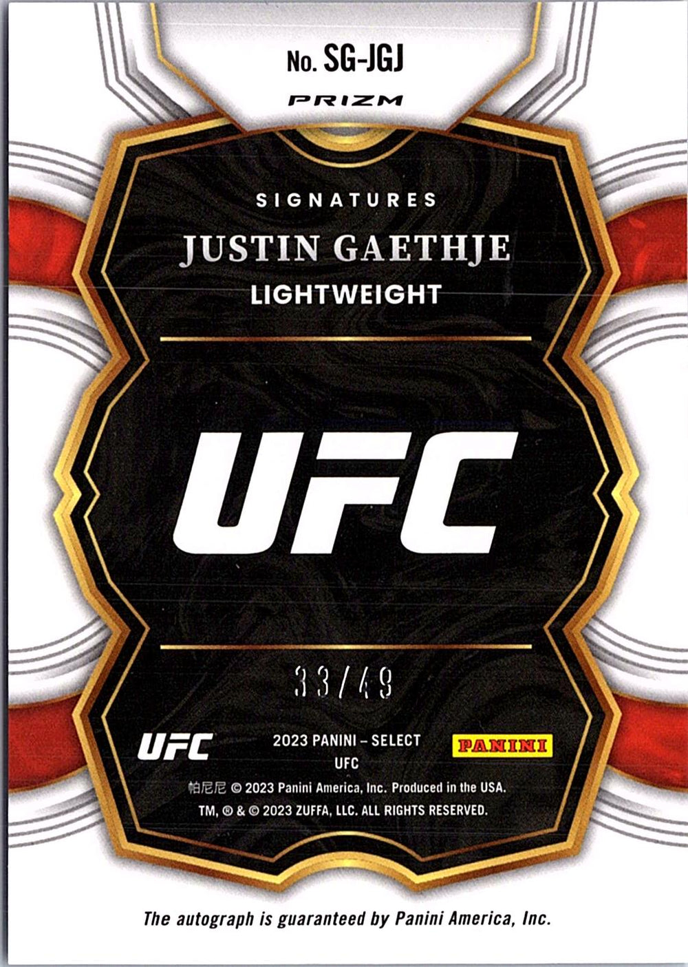 2023 Panini Select UFC #SG-JGJ Justin Gaethje Signatures Purple Prizms #/49