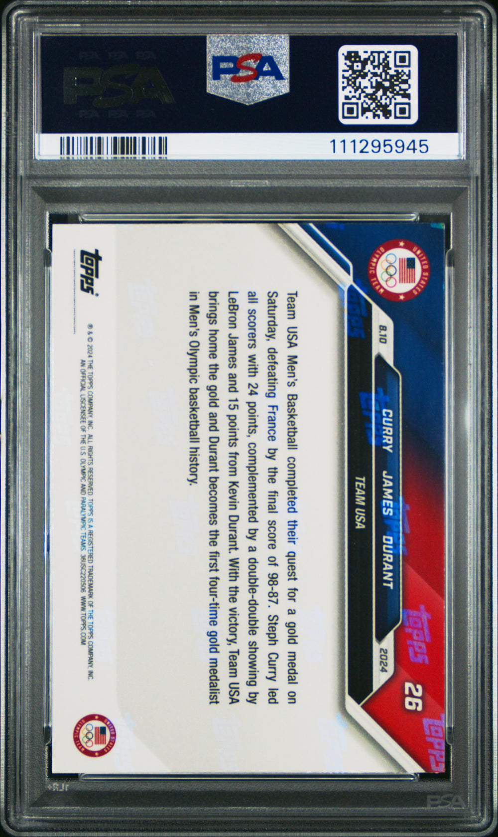 2024 Topps Now Olympic Games #26 Curry/James/Durant PSA 10