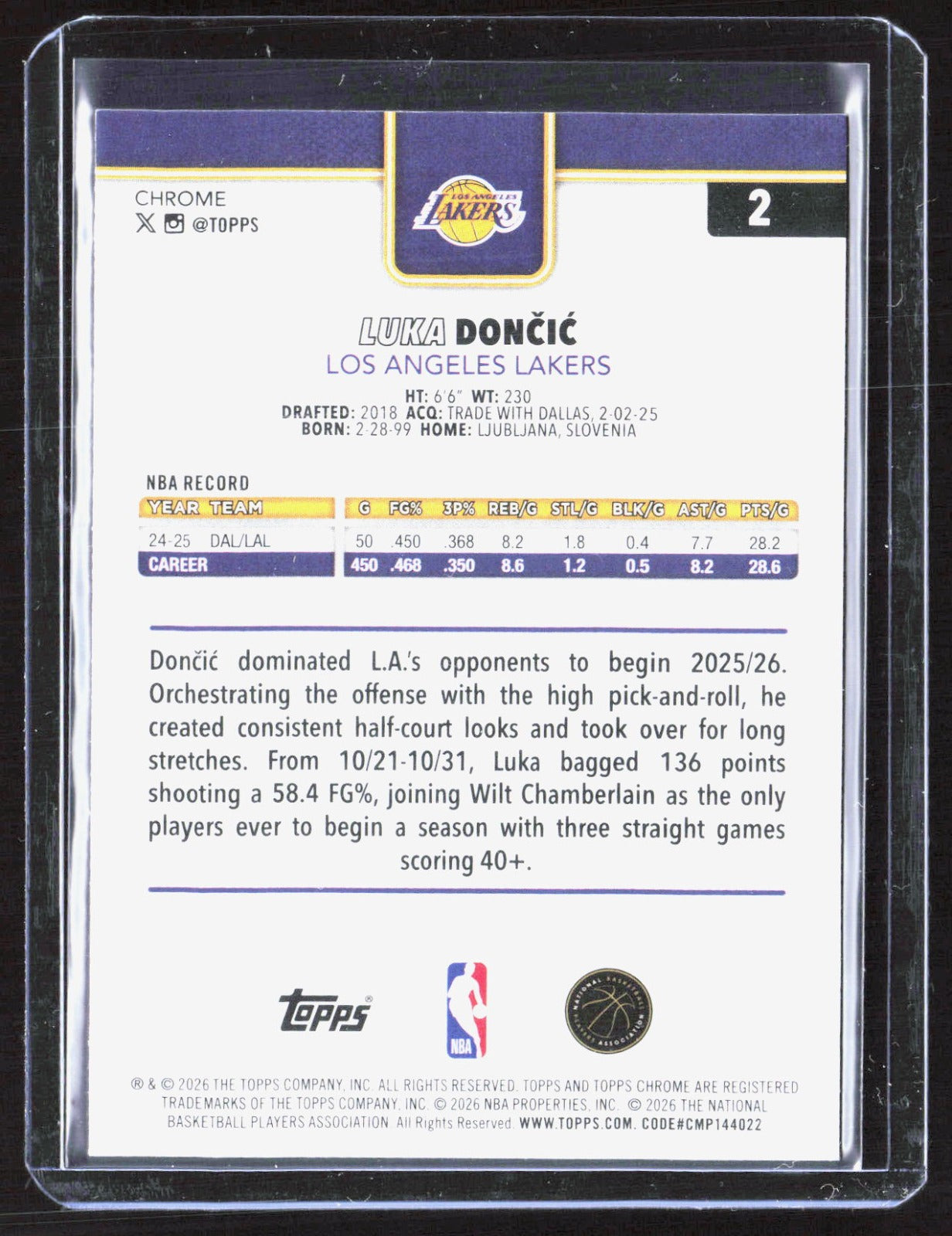 2025-26 Topps Chrome Update Luka Dončić 2 Basketball Los Angeles Lakers