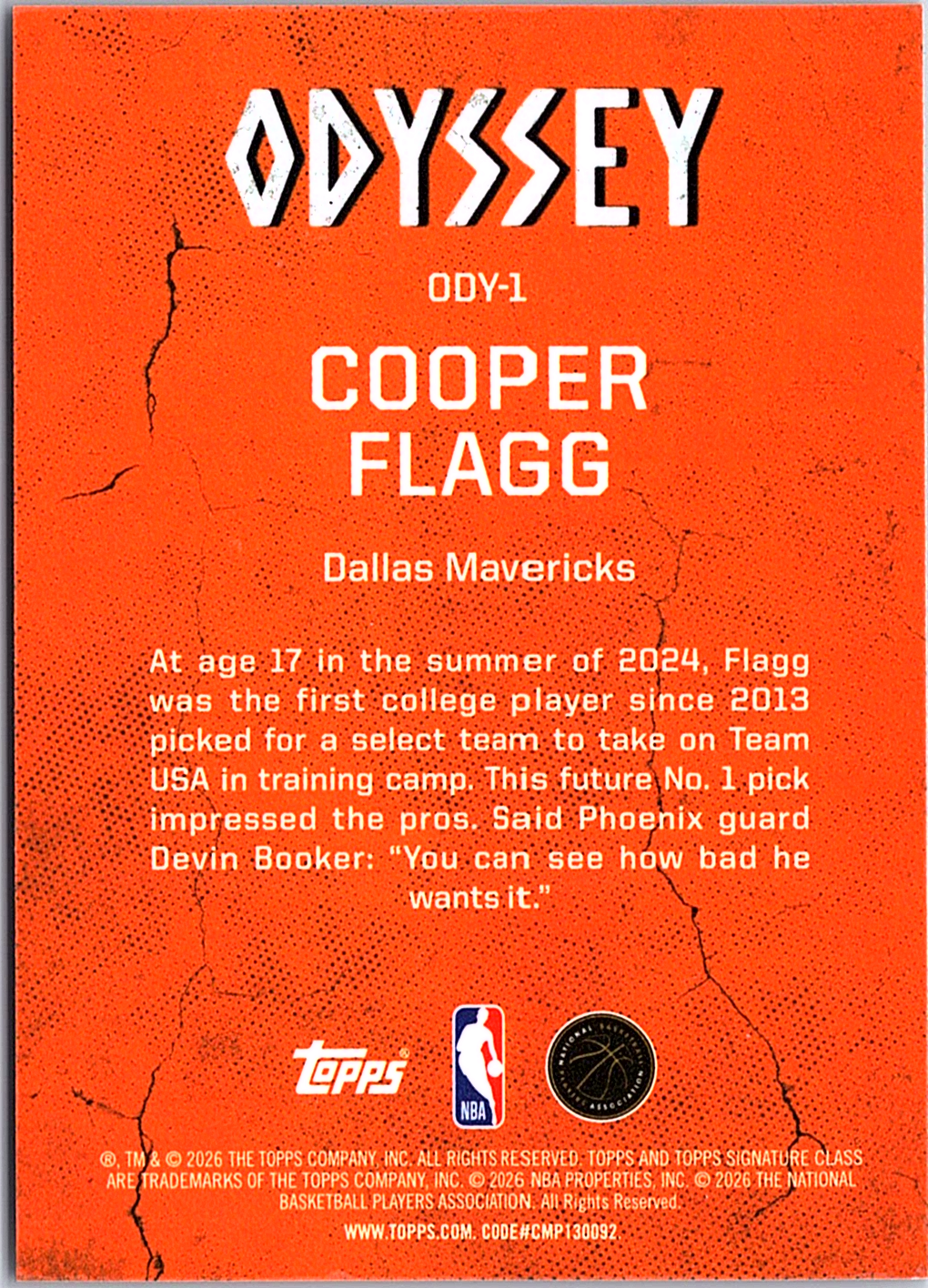 Cooper Flagg Topps Signature Class Odyssey ODY-1 NM (Back)