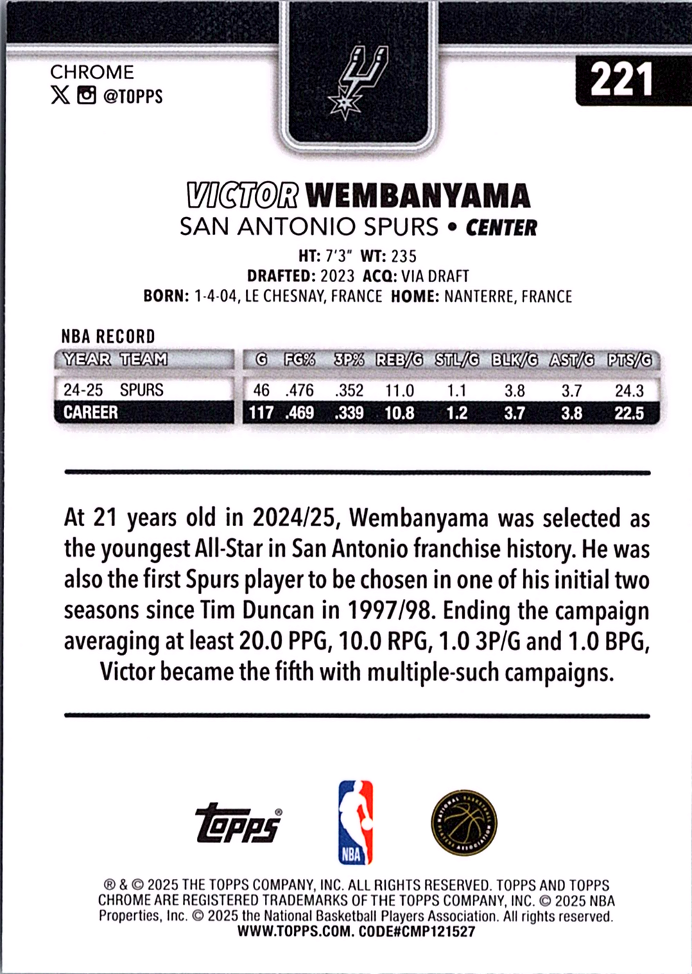 Victor Wembanyama Topps Chrome - Negative Refractor 221 NM (Back)