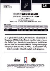 Victor Wembanyama Topps Chrome - Negative Refractor 221 NM (Back)