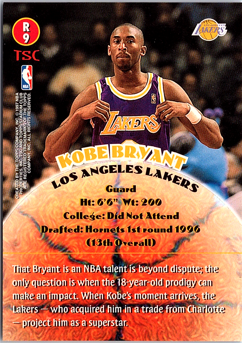 1996-97 Stadium Club - Rookies Member's Only (Series Two) Kobe Bryant  (Back)