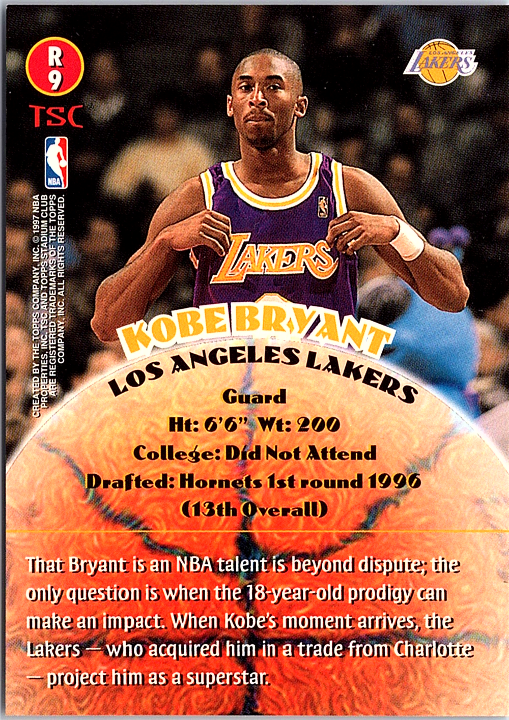 1996-97 Stadium Club - Rookies Member's Only (Series Two) Kobe Bryant  (Back)